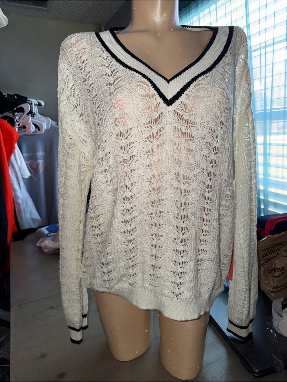 Women’s White V-Neck Open Knit Sweater with Black Contrast Trim